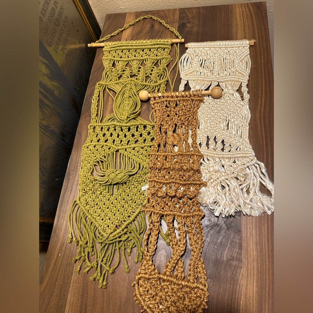 Handmade Macramé Wall Hangings in Green, Brown, and Cream